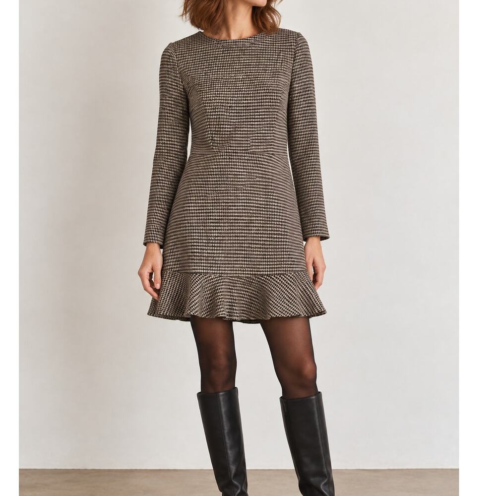 LOFT Houndstooth Ruffle Hem Long Sleeve Mini Dress Size 10 Fall Preppy Office